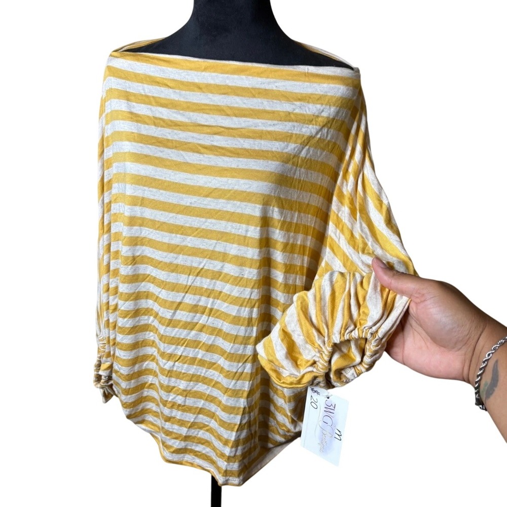 NWT Yellow White Striped Boat Neck Cinched Sleeve Top Medium